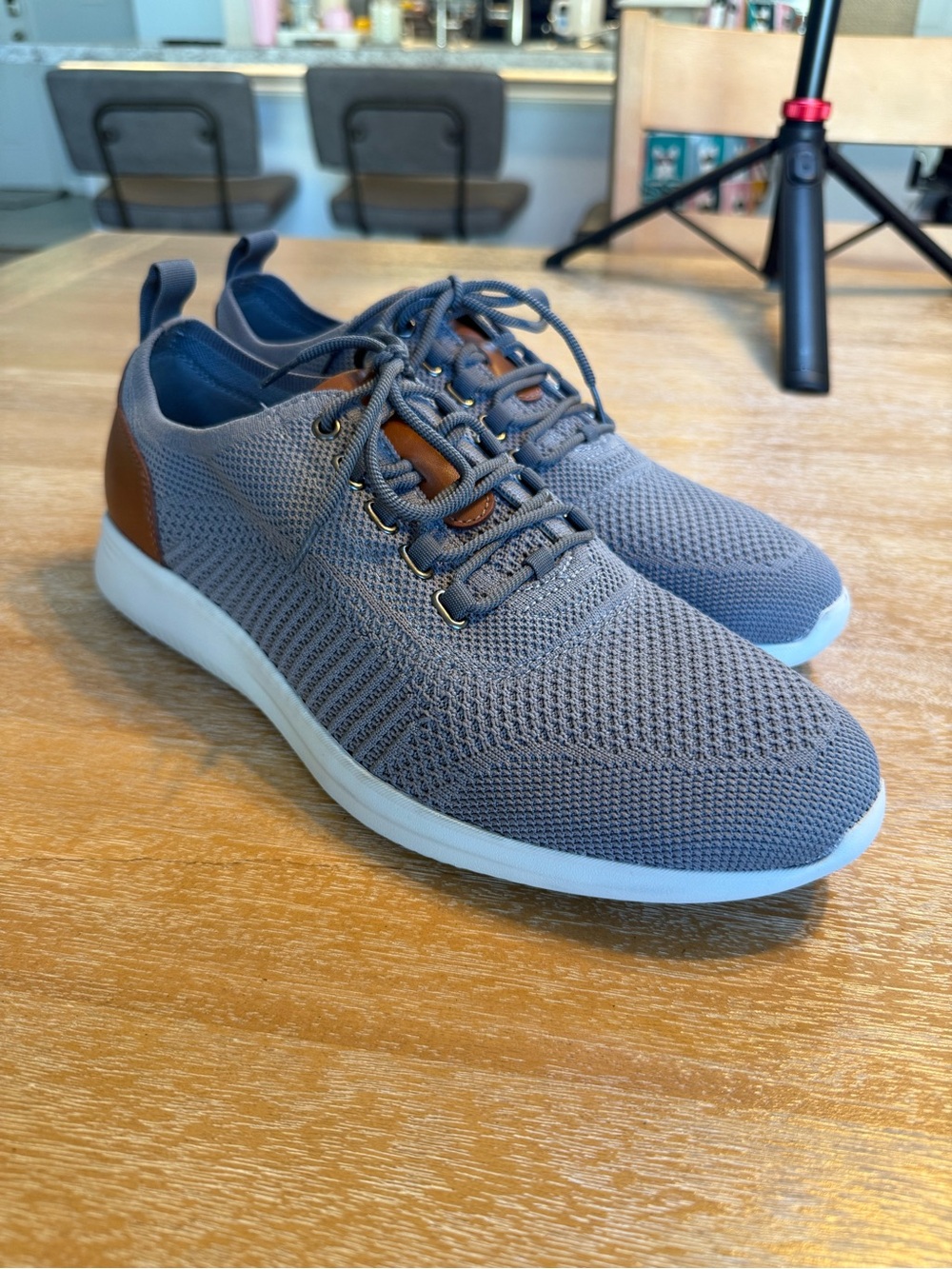 Johnston & Murphy Gray Knit Sneakers with White Sole and Brown Heel